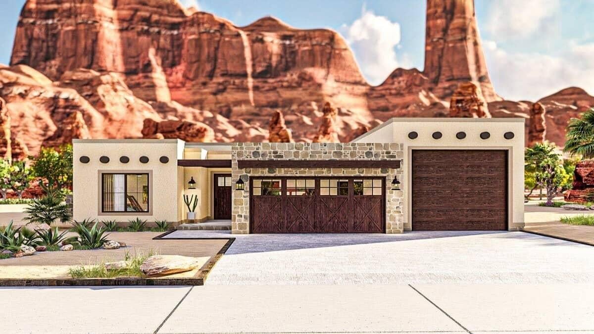 Desert Oasis with a Striking Stone Facade and Expansive Garage