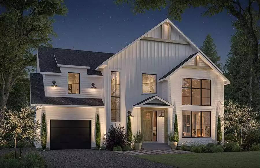 Check Out the Dramatic Lighting on This Modern Farmhouse Exterior