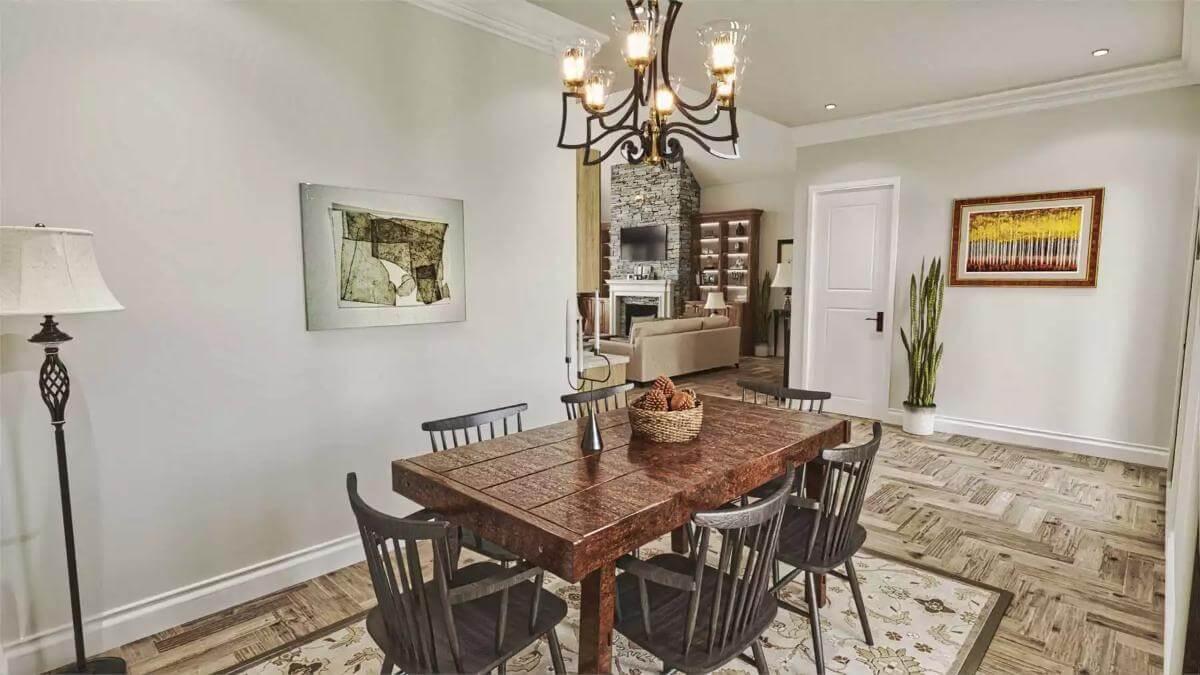 Notice the Rustic Dining Table Anchored by Elegant Wood Flooring