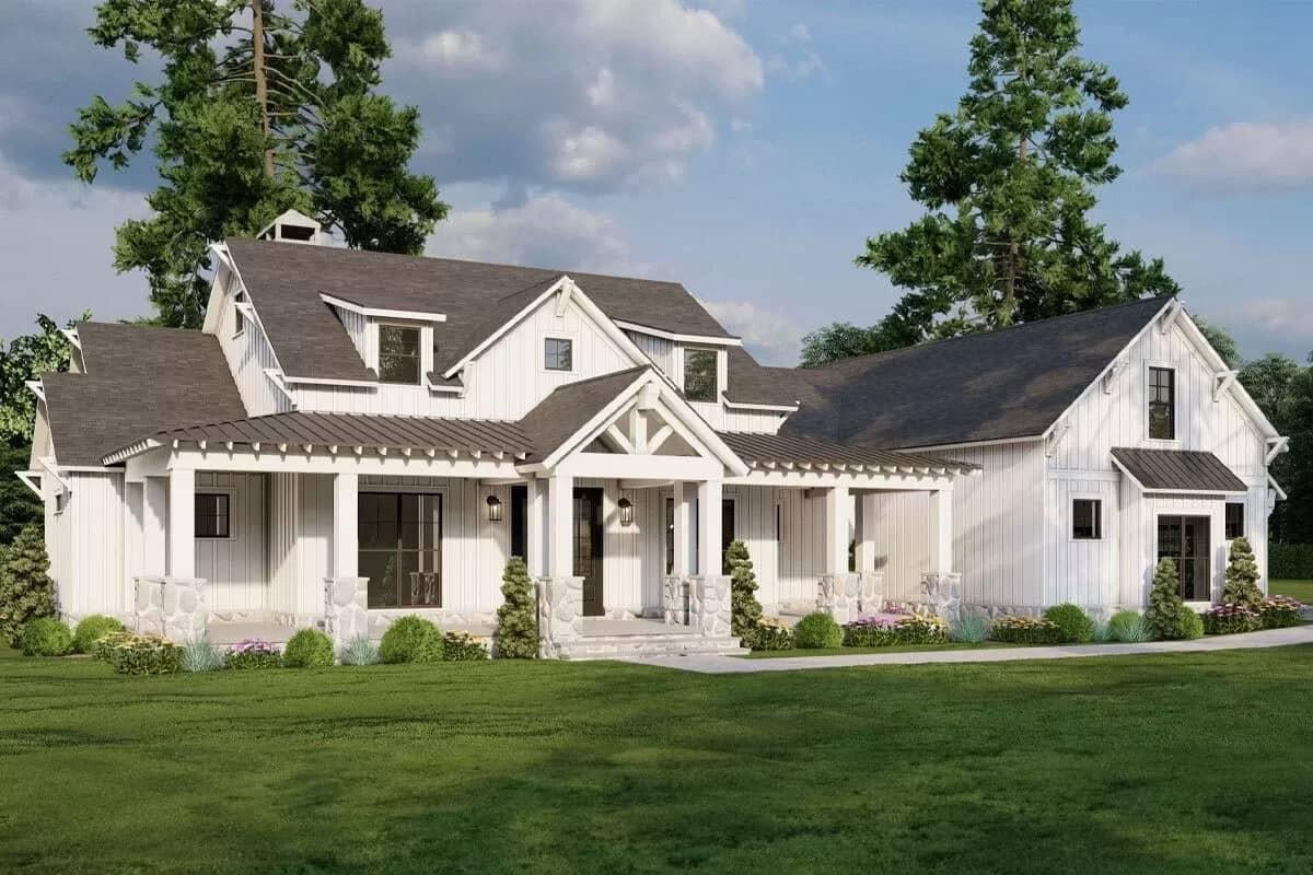 Elegant Farmhouse Exterior with Charming Board and Batten Siding