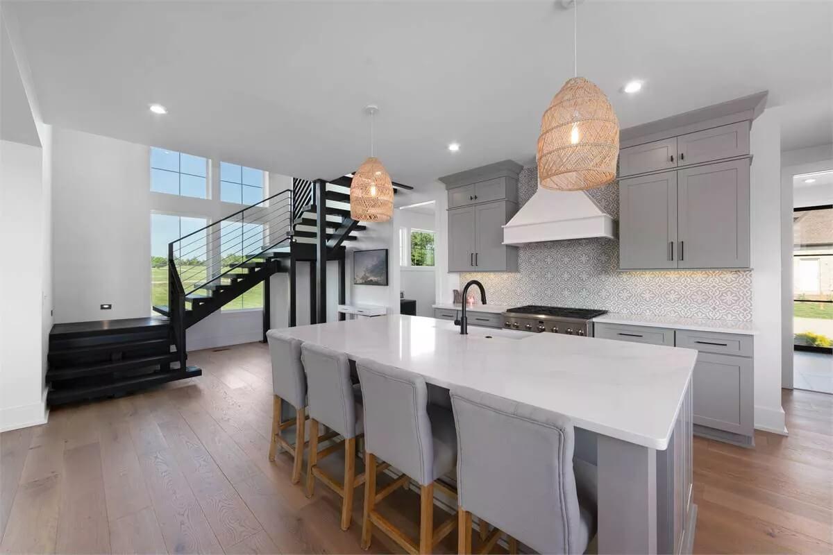 Wow, Look at That Sleek Black Staircase in This Modern Kitchen