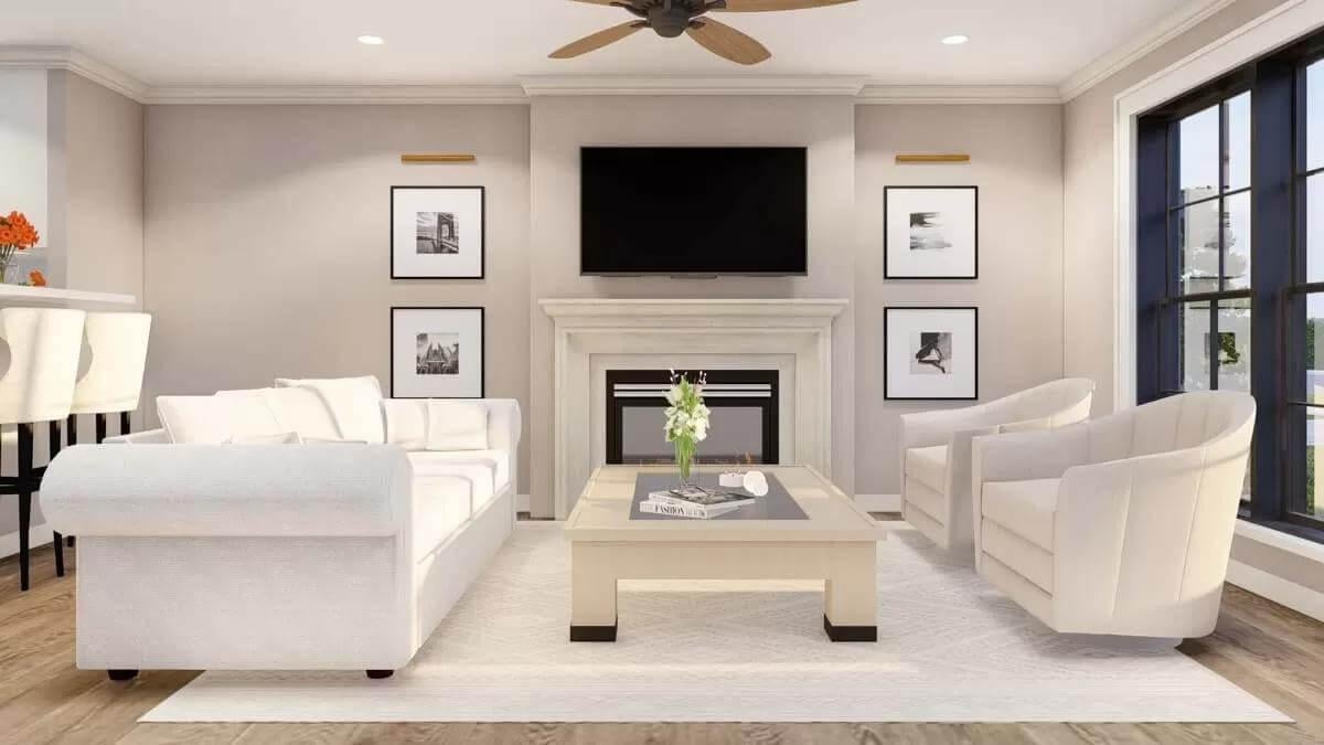 Check Out the Crisp Design of This Living Room Featuring a Central Fireplace