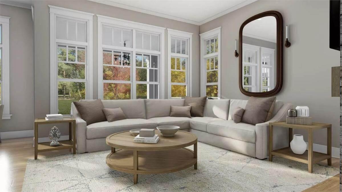 Notice How This Living Room Uses an Oversized Mirror to Amplify Natural Light