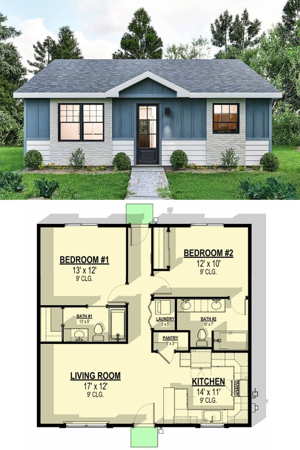 This compact country-style home offers a clean, modern look with a touch of rustic charm. The exterior showcases a mix of board and batten and horizontal siding with brick accents, framed by bold trim and a centered front gable above the entry. Black window frames and a sleek front door add contrast and a contemporary feel.