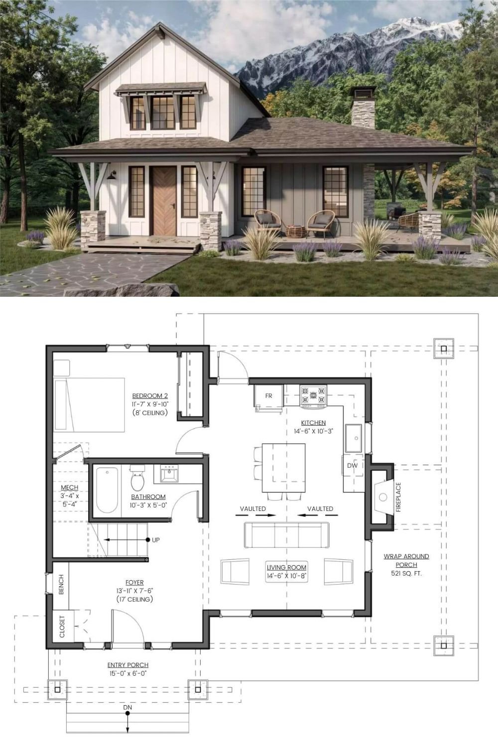 This modern farmhouse-style home offers a fresh, inviting exterior with its mix of vertical board-and-batten siding and horizontal lap siding. A striking contrast between the crisp white upper level and darker lower walls adds dimension and character. The covered wraparound porch, supported by tapered columns with stone bases, frames the entrance beautifully and encourages outdoor living.