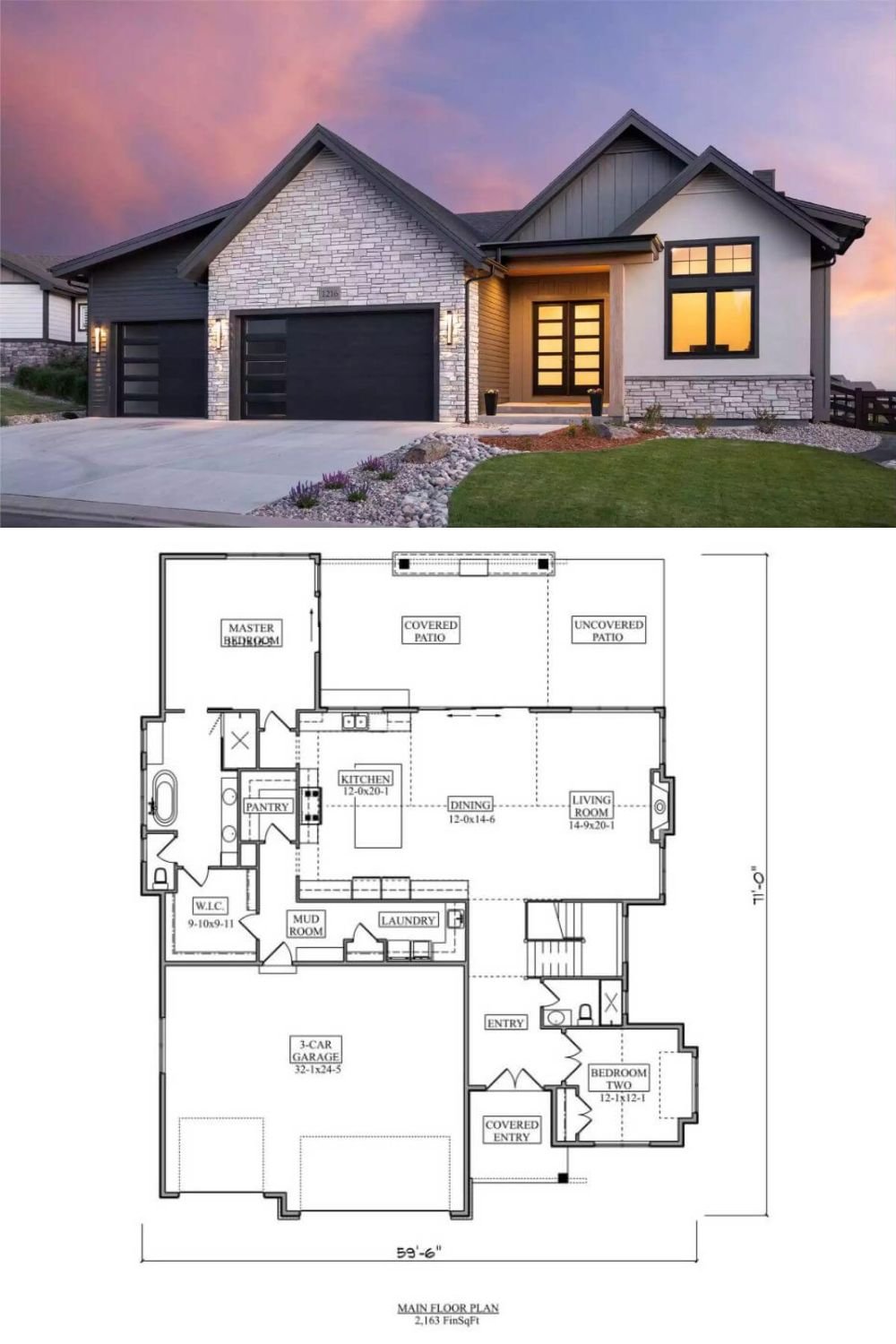 This mountain-style home blends sleek modern lines with natural textures, featuring a dynamic exterior composed of dark vertical siding, light stonework, and clean geometric rooflines. Bold black-framed windows and a statement entry door with horizontal glass panels create an eye-catching façade, while a three-car garage offers both practicality and presence.