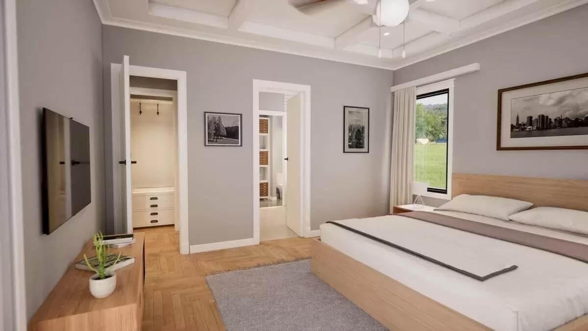 Wow, Notice the Coffered Ceiling in This Sleek Bedroom