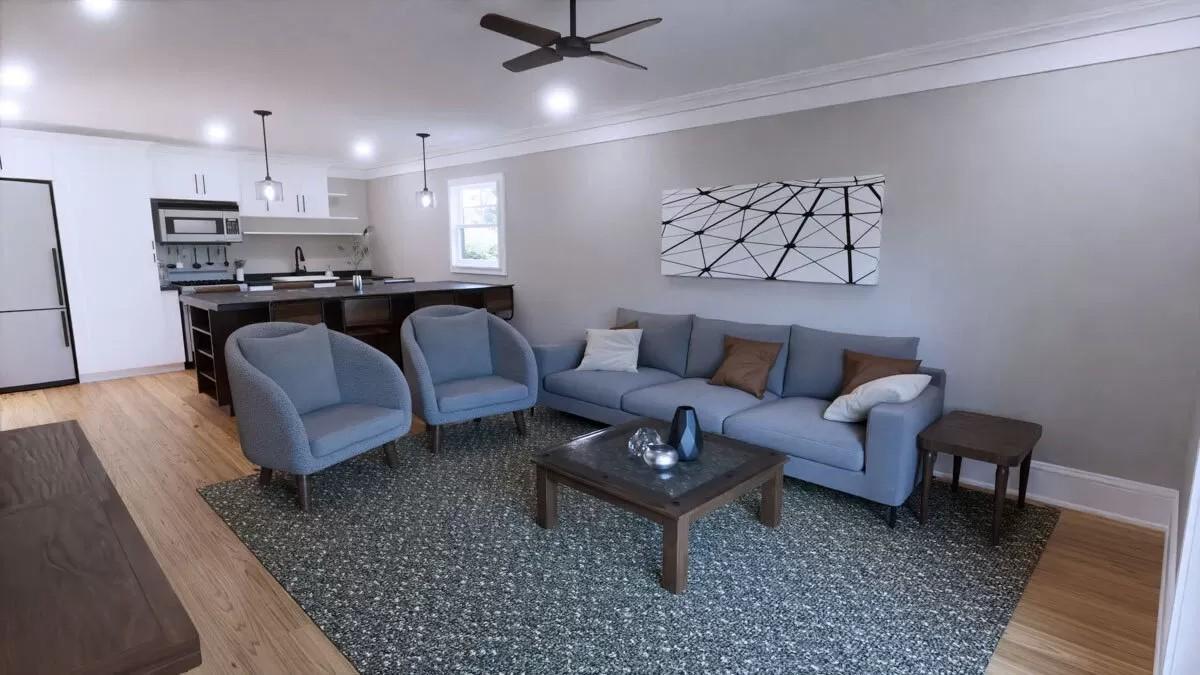 Spacious Living Room Featuring a Striking Geometric Art Piece