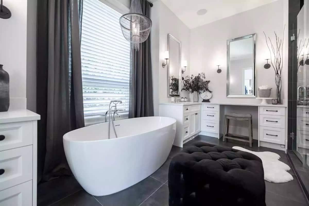 Luxurious Bathing Space with Freestanding Tub and Elegant Vanity