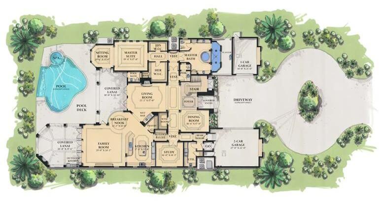 Impressive Floor Plan Highlighting a Spacious Master Suite and Pool Area