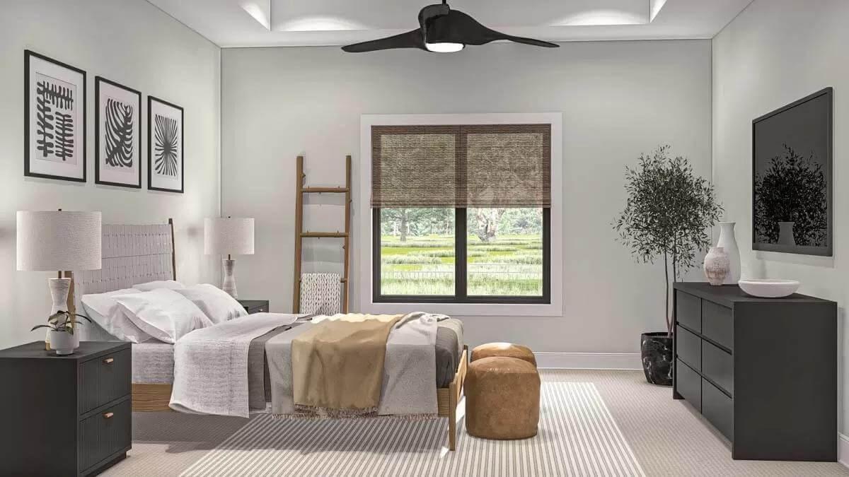 Warm and Simple Bedroom with a Textured Ladder Accent