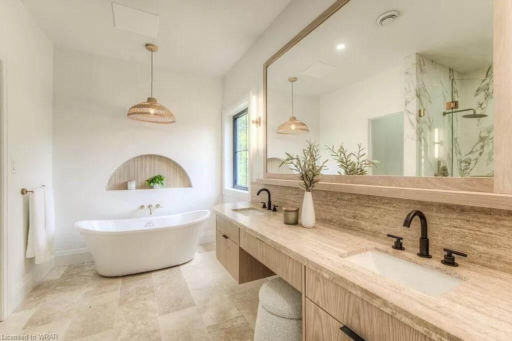 Wow, Look at the Freestanding Tub and Textural Wall Niche