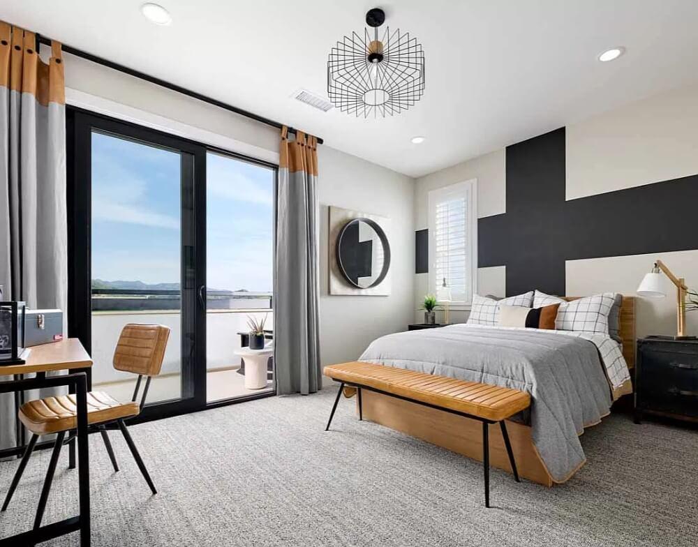 Notice the Modern Geometric Accent Wall in This Stylish Bedroom