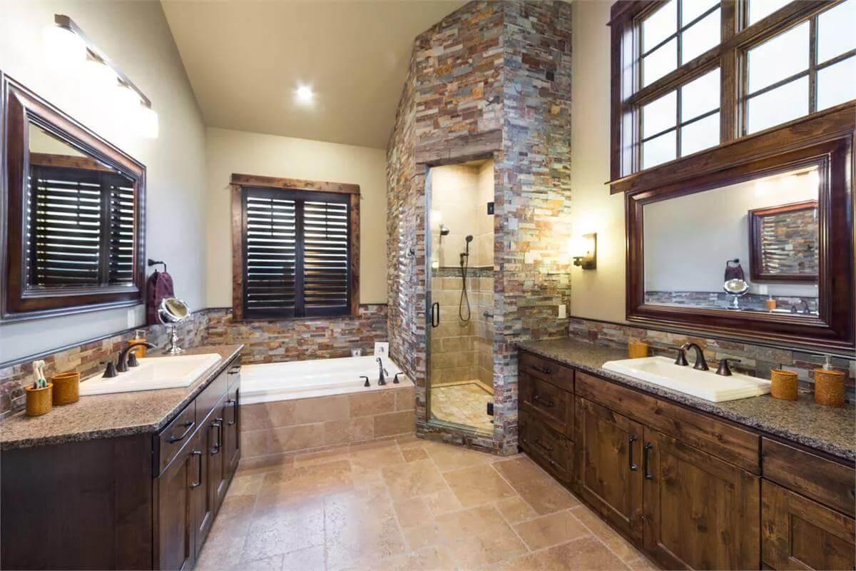 Notice the Rustic Stonework in This Craftsman Bathroom