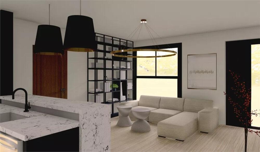 Modern Living Room with Bold Pendant Lighting Over a Marble Island