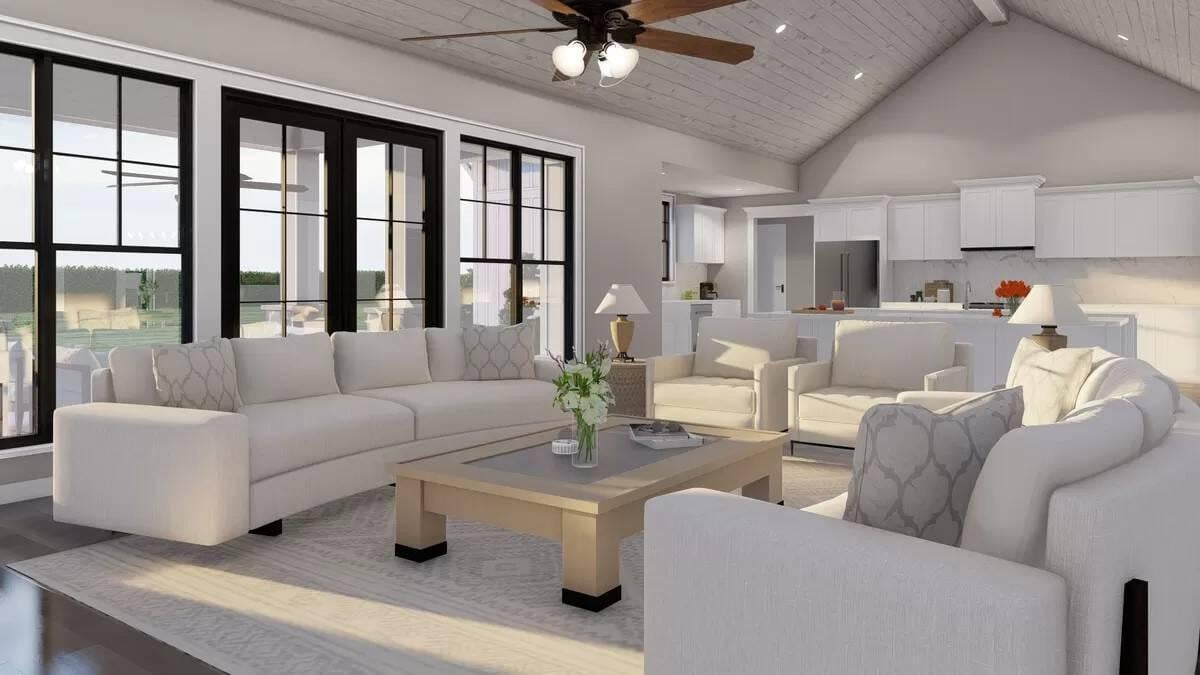 Vaulted Ceiling and Cozy Seating Define This Inviting Living Area