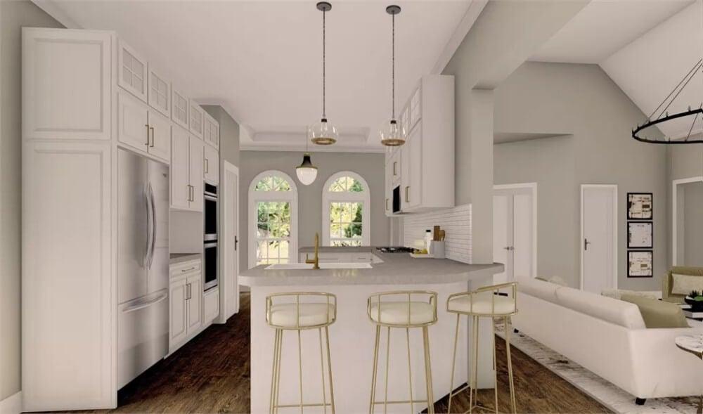 Love the Arched Windows in This Open-Concept Kitchen and Living Space