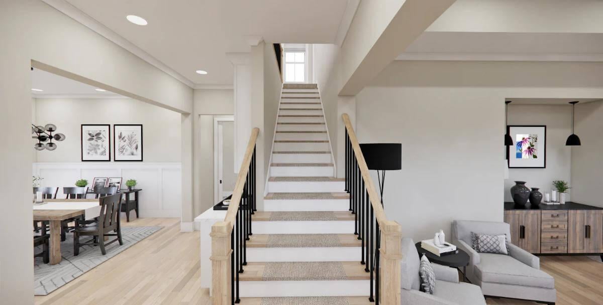 Staircase With Warm Wooden Accents Leading to the Second Floor