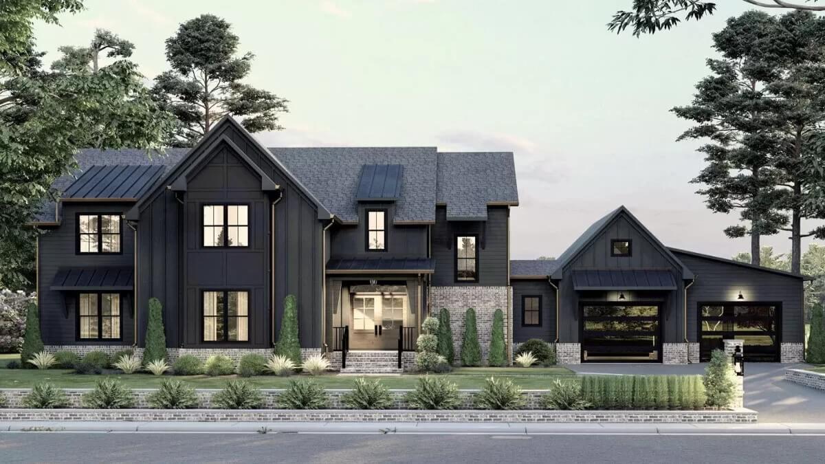 Striking Modern Farmhouse with Contrasting Dark Facade and Light Brick Details