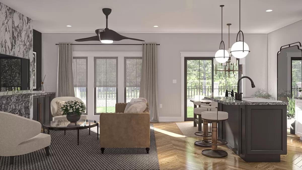 Explore the Seamless Flow From Living Room to Kitchen and Patio