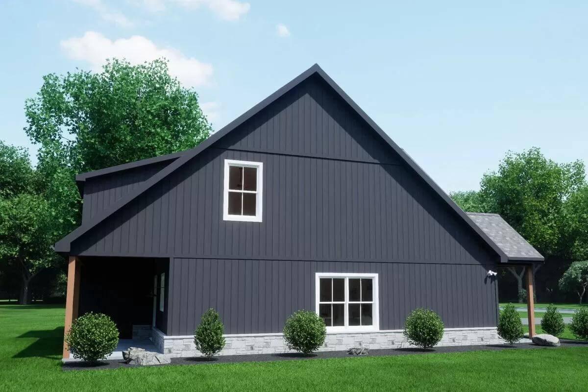 Craftsman Side View Highlighting Bold Black Siding and Stone Base