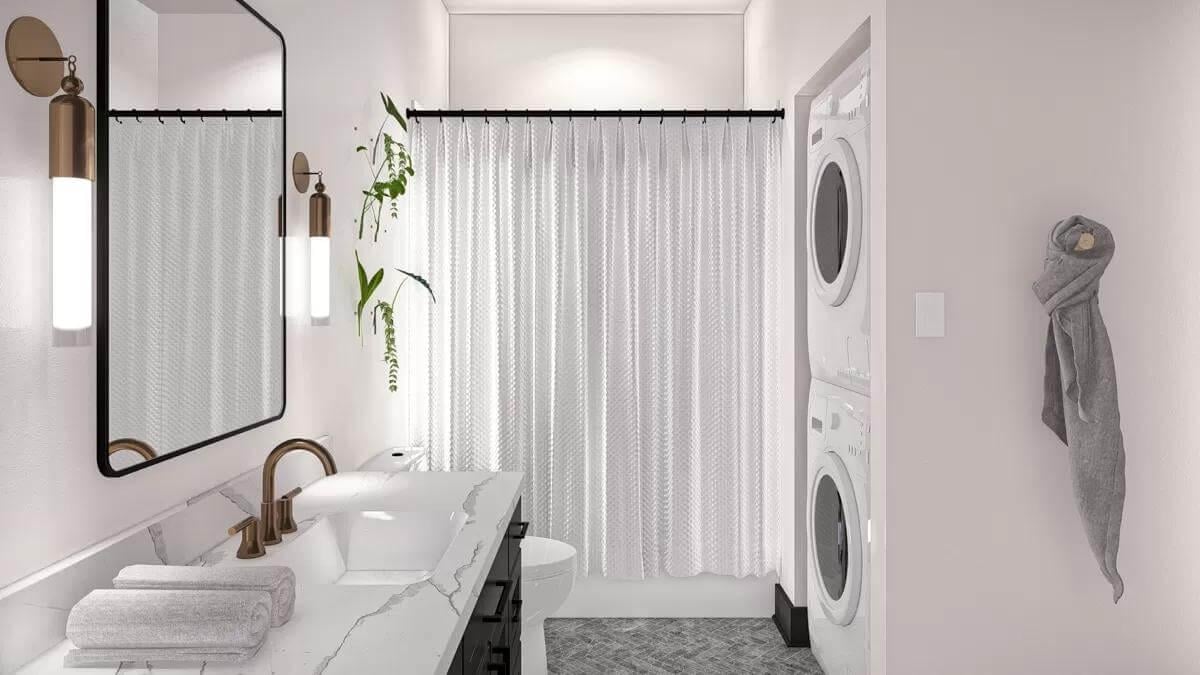 Efficient Bathroom with Laundry Combo and Marble Accents
