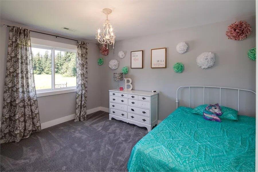 Charming Bedroom with a Touch of Whimsy and Elegant Chandelier