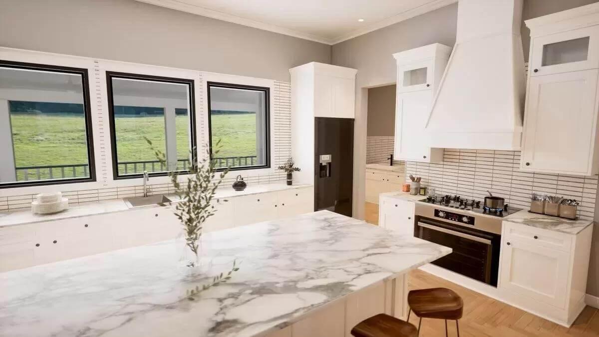 Check Out the Elegant Marble Island in This Bright Kitchen