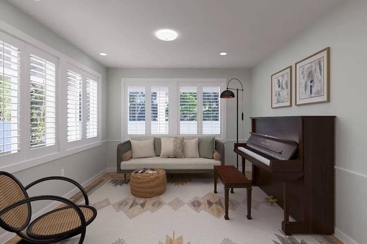 Check Out This Sunny Music Room with Shuttered Windows and a Touch of Style