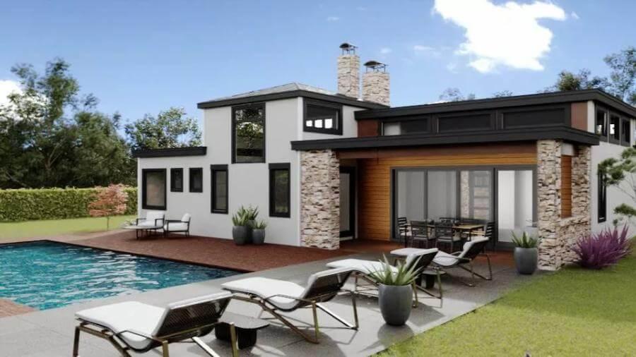 Look at Those Twin Stone Chimneys Framing This Modern Poolside Retreat