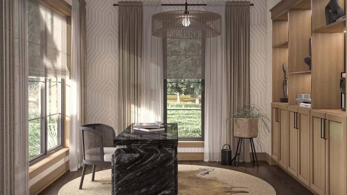 Sophisticated Study with a Striking Marble Desk and Warm Wood Cabinetry