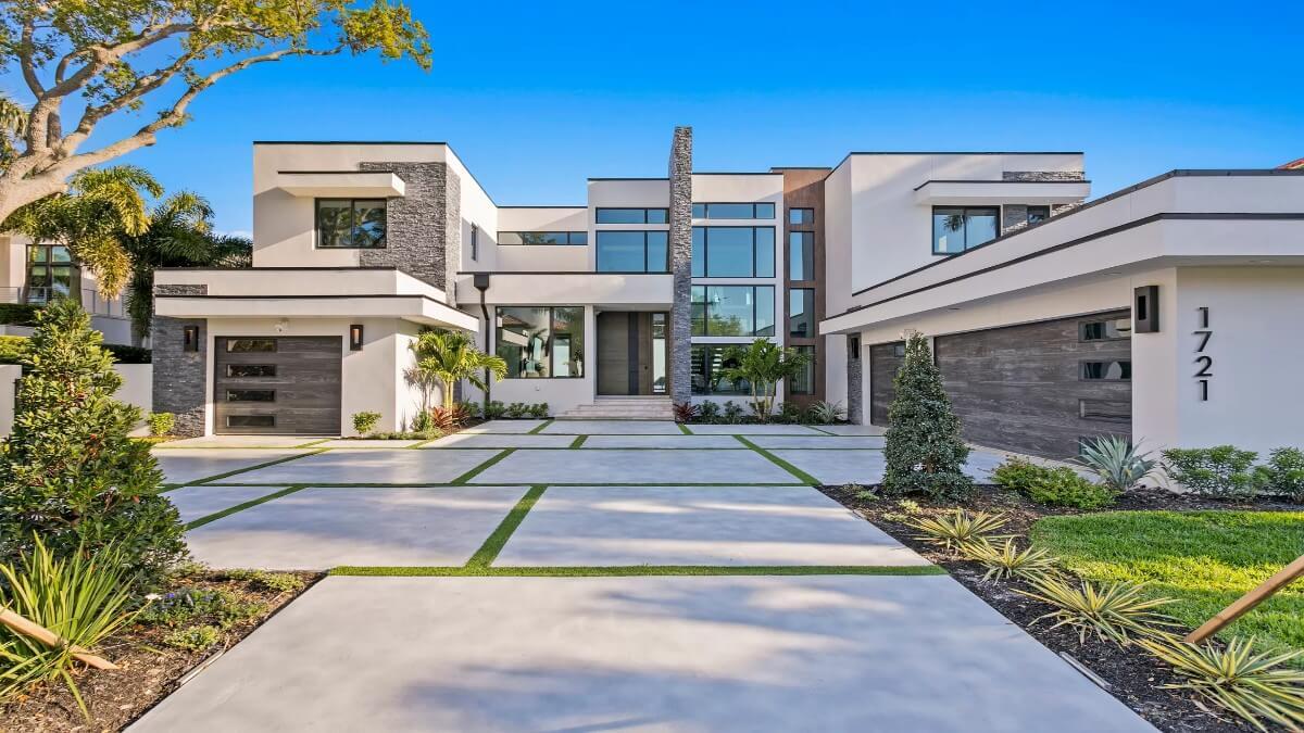 Sleek Modern Exterior with Striking Stone Facade and Expansive Windows