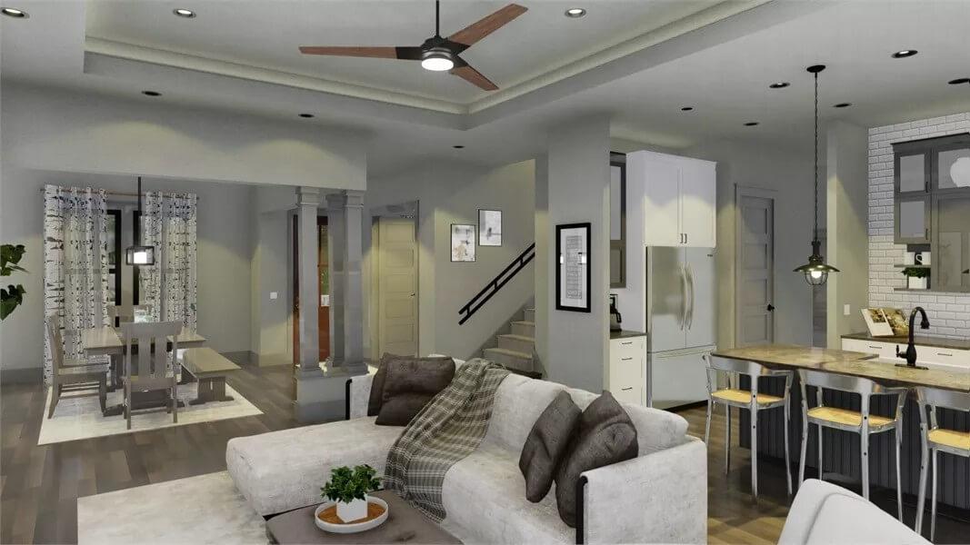 Explore This Open Living Space with Industrial Pendant Lighting