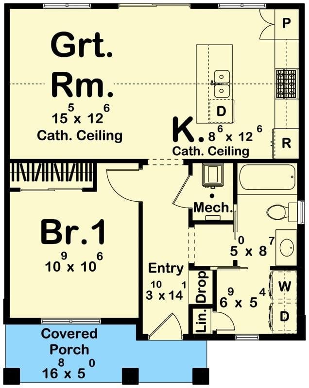 Check Out This Efficient One-Bedroom Layout with a Cathedral Ceiling Great Room