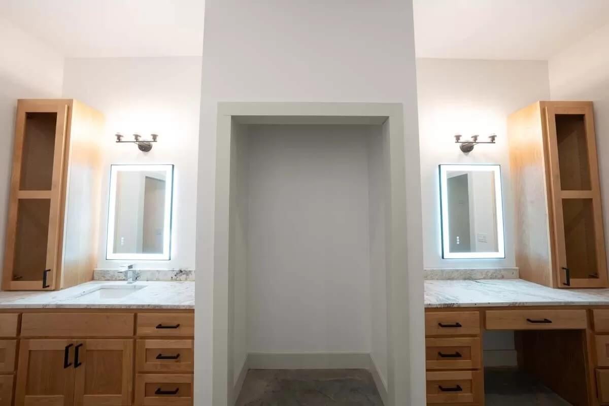 Dual Vanity Set-Up with Natural Wood and Illuminated Mirrors