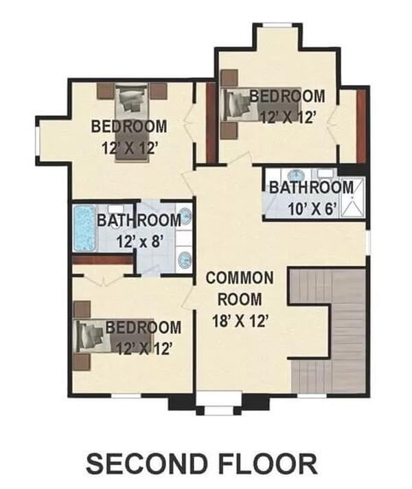 This Second Floor Layout Features a Spacious Common Room