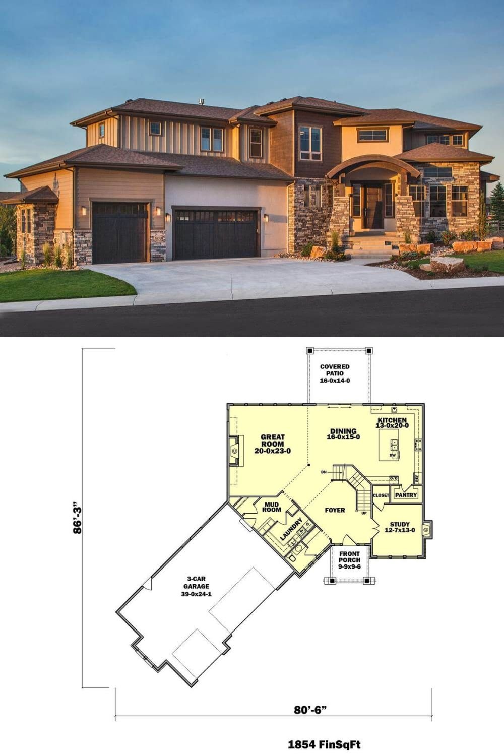 This contemporary residence features a bold architectural presence with mixed materials including stone, horizontal siding, and board and batten accents. A dramatic arched entry supported by stone pillars sets a grand tone, while the angled three-car garage adds a modern touch and enhances curb appeal. The multi-level roofline and large windows emphasize the home's spacious interior and clean, geometric design.