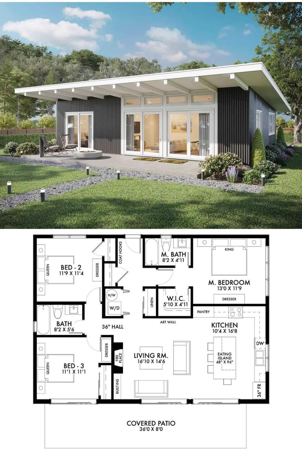 This contemporary-style home is defined by its clean lines, minimalist design, and mid-century modern flair. A mono-slope roofline and deep overhangs give the exterior a dramatic profile, while vertical siding in contrasting tones enhances its visual depth. Full-height glass doors and clerestory windows flood the interior with natural light and create a seamless indoor-outdoor connection to the spacious covered patio.