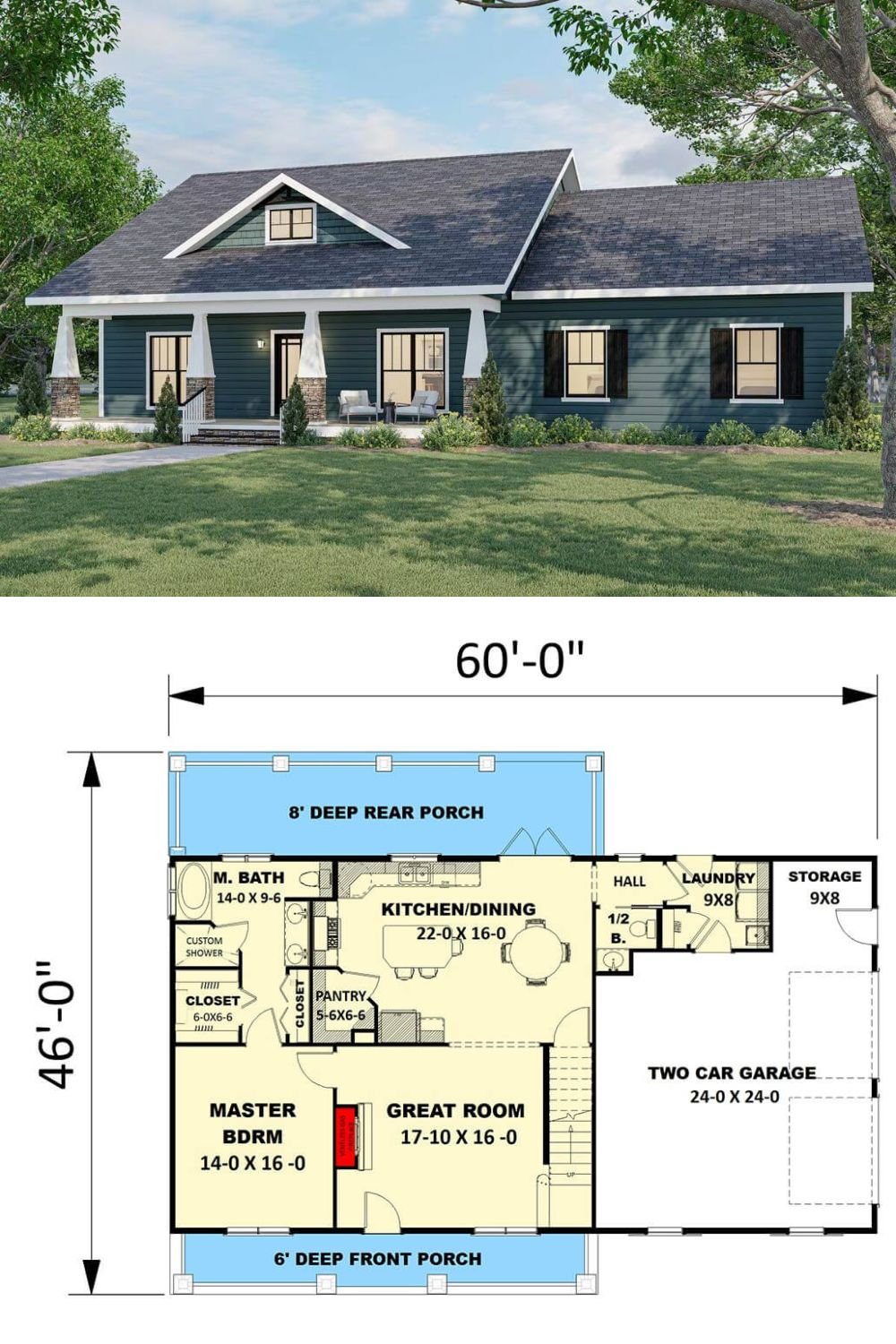 This craftsman cottage offers a classic exterior with rich character. Horizontal lap siding in a bold tone is accented by white trim and tapered columns on stone piers, lending a timeless and welcoming appearance. A centered gable dormer above the front porch adds balance and interest, while black shutters and clean roof lines give the home a traditional, yet fresh, curb appeal.