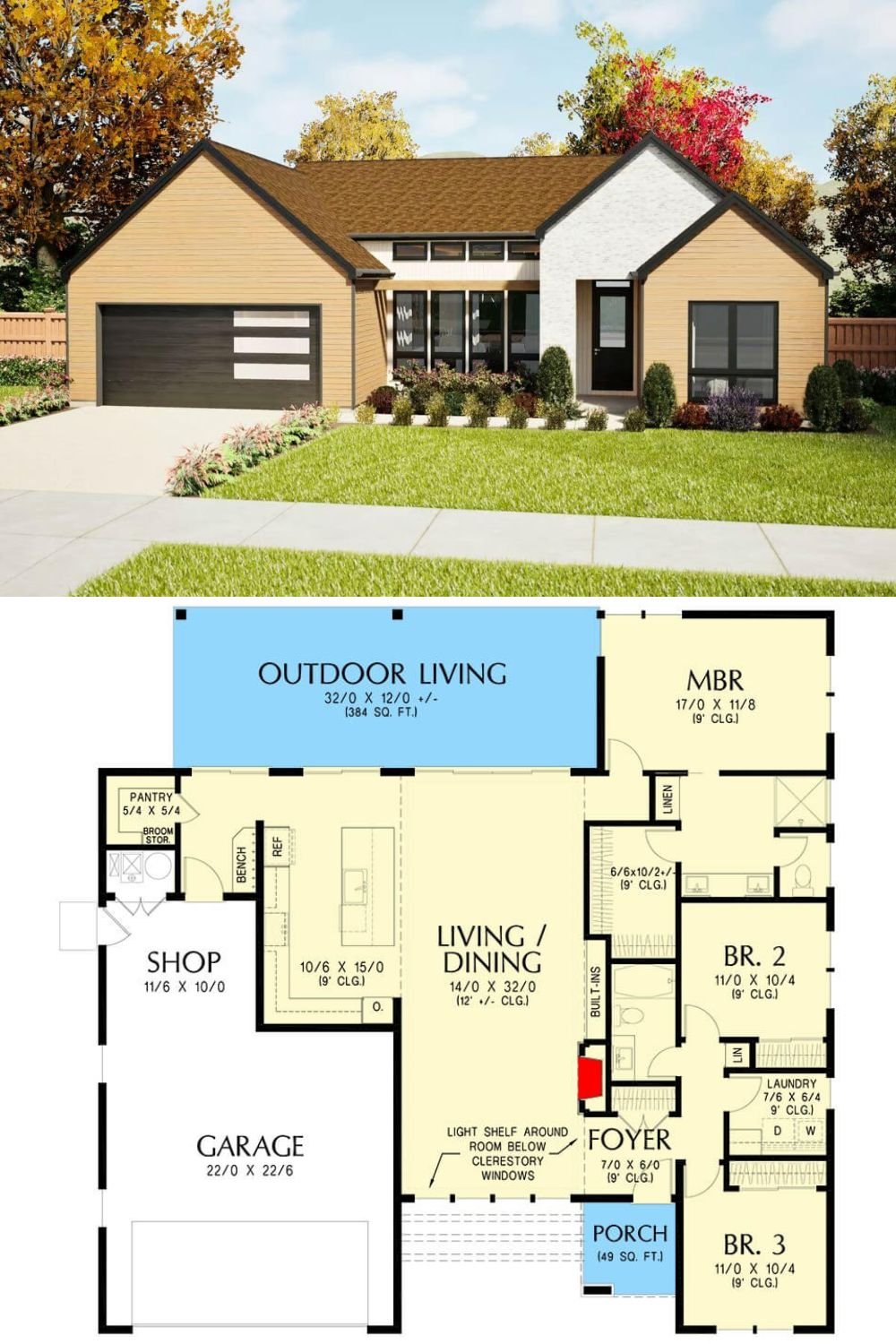 This Scandinavian-style home showcases a clean, minimalist exterior with warm natural wood siding, contrasting black trim, and a white accent section framing the covered front entry. Large modern windows and a contemporary garage door enhance the home's sleek curb appeal, while the angled rooflines add architectural interest and symmetry.