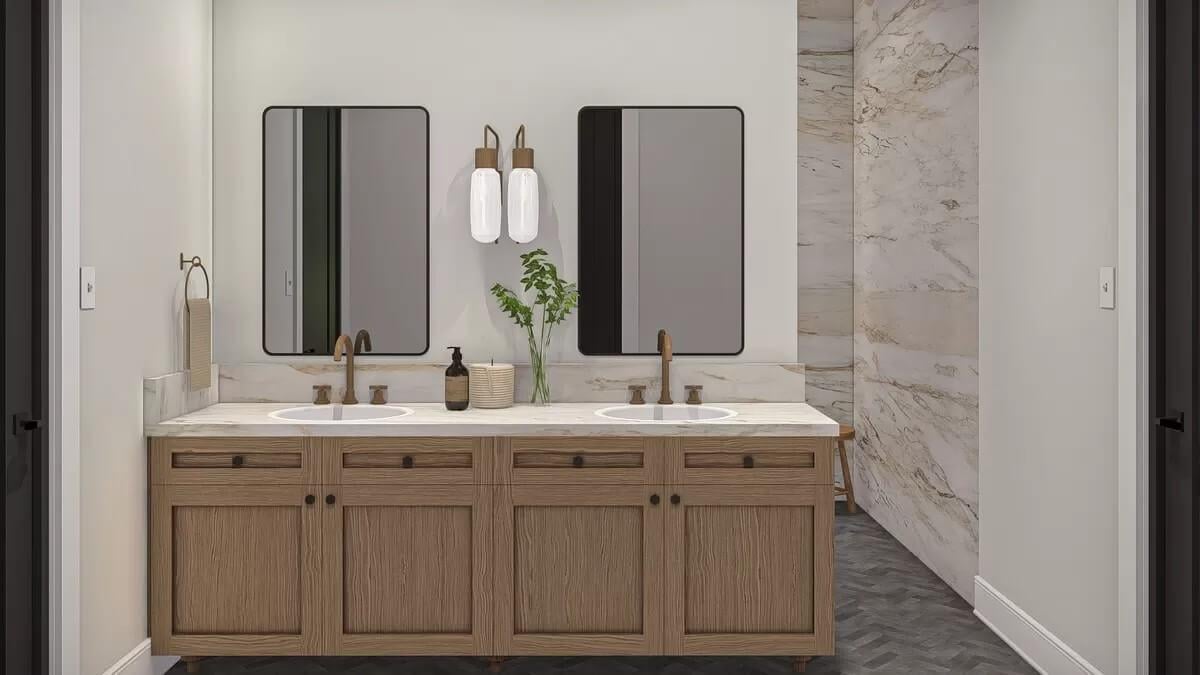 Take a Peek at This Double Vanity with Modern Fixtures