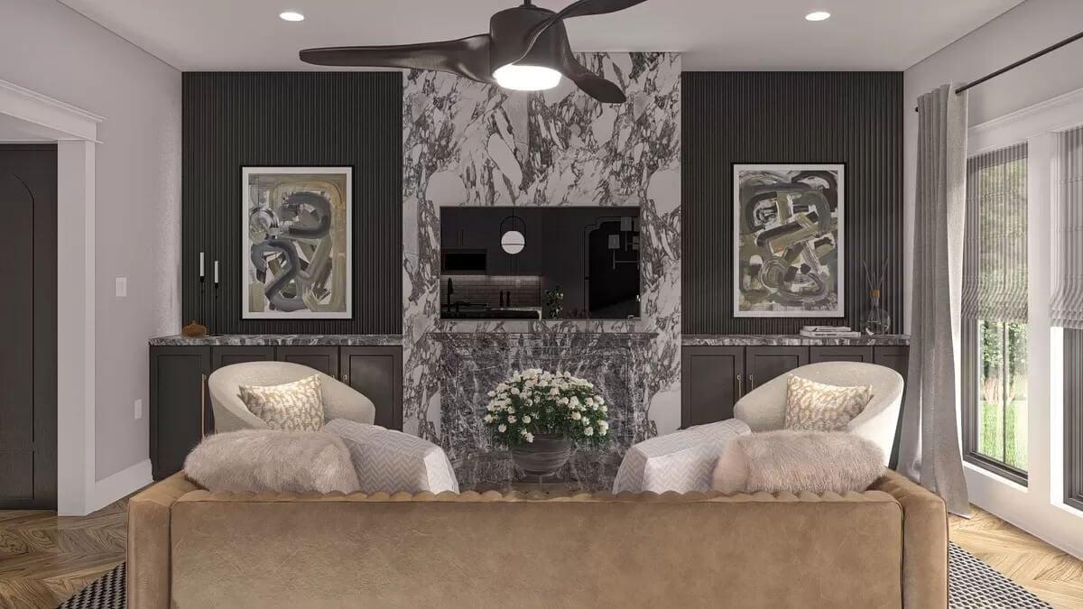 Check Out the Striking Marble Fireplace in This Modern Living Room