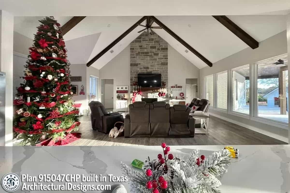 Celebrate with Style in This Festive Living Room Featuring Vaulted Ceilings