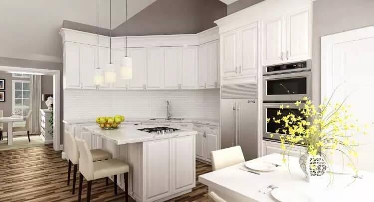 Bright Kitchen with Elegant Pendant Lighting and Seamless Flow