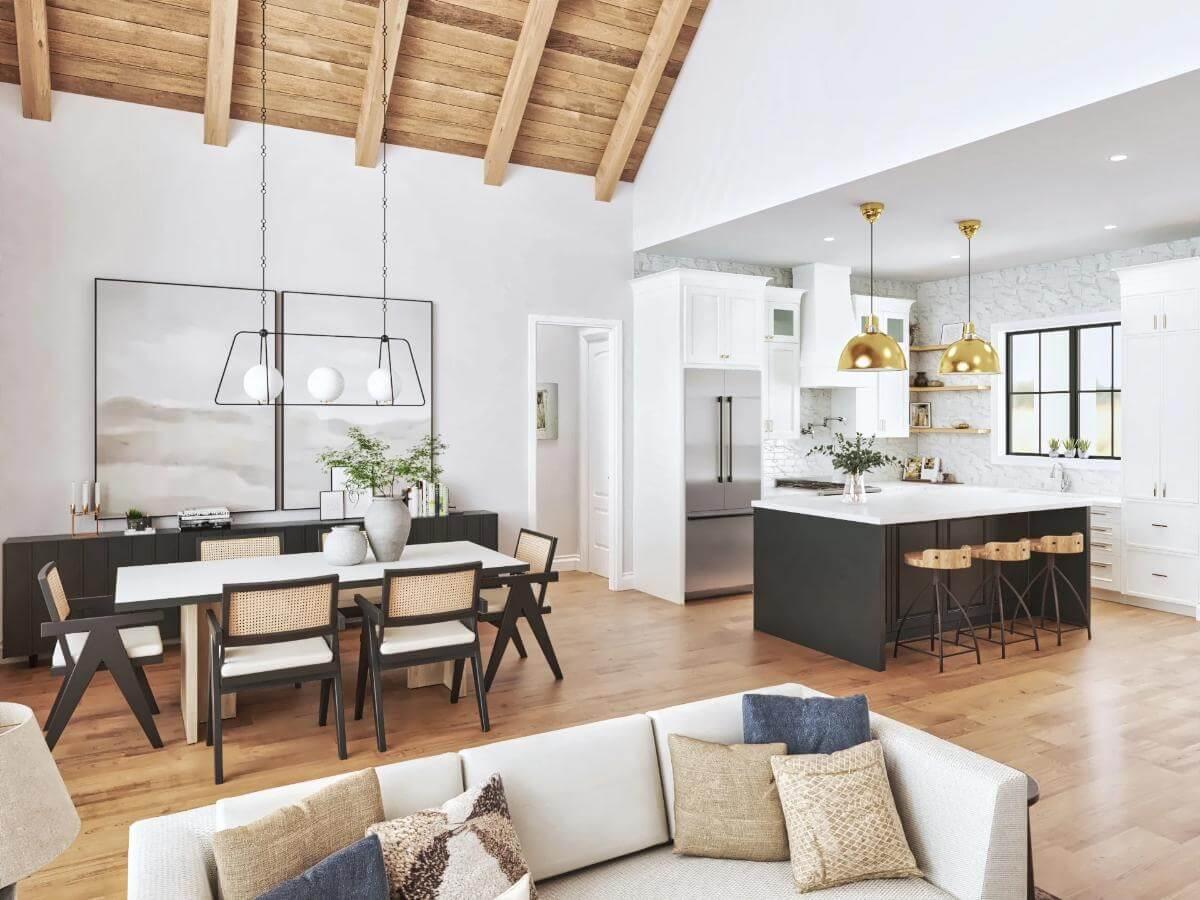 Loving the Vaulted Ceilings Paired with Those Bold Light Fixtures