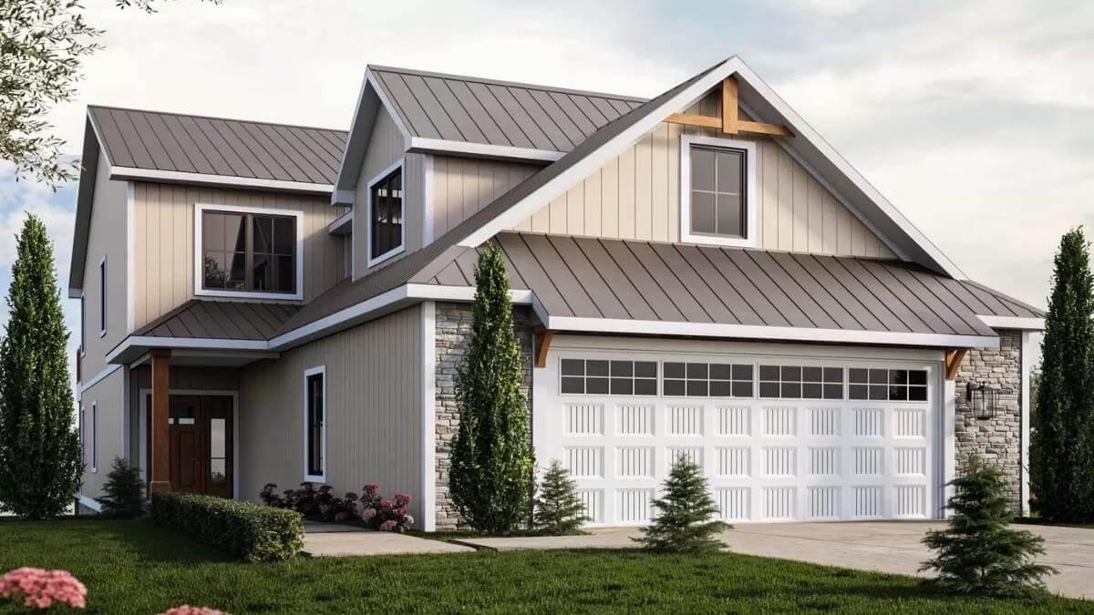 Modern Farmhouse with Striking Metal Roof and Timber Accents