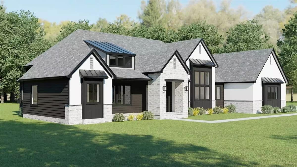 Modern Farmhouse Exterior with Contrasting Trim and Stone Accents