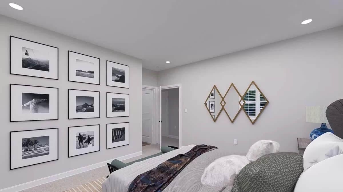 Elegant Bedroom with a Captivating Gallery Wall and Geometric Mirrors