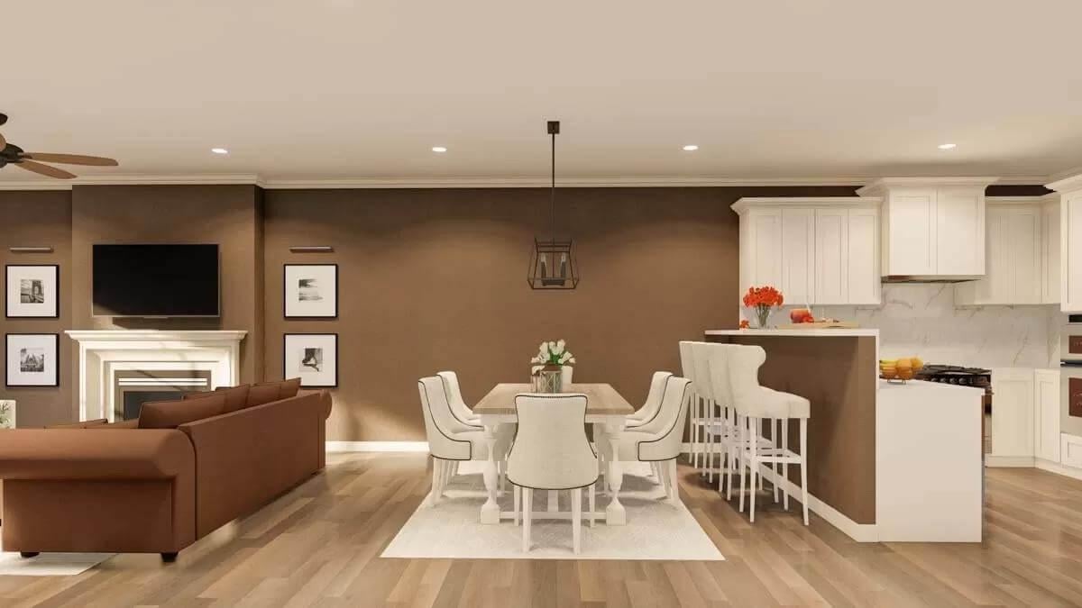 Seamlessly Integrated Living and Dining with a Brown Backdrop