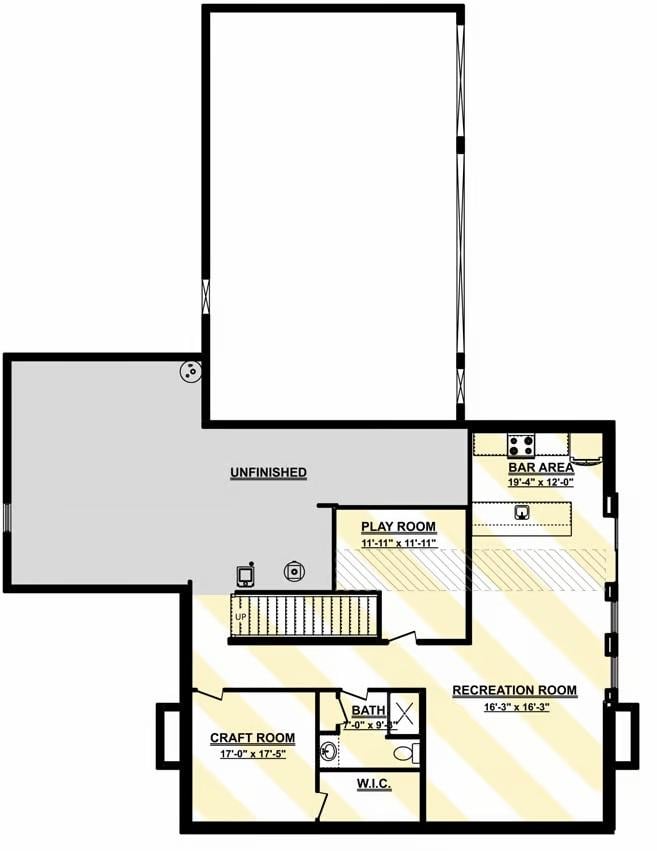 Explore This Multifunctional Basement Layout Featuring a Bar Area